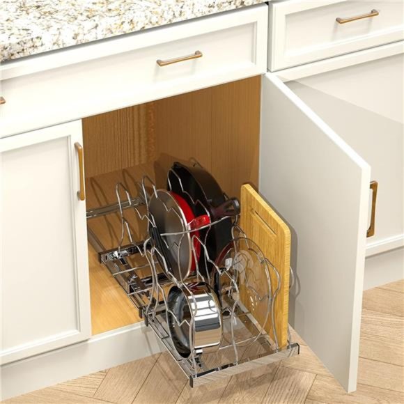 Organizer Pull Out Under Cabinet Sliding Shelf for Pantry Pan & Pot Lid, Silver - Picture 3 of 8